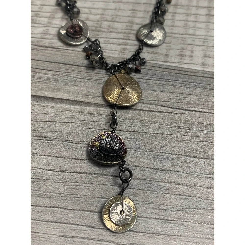 Napier Mixed Metal Textured Disc Y-Necklace Gunmetal Tone Beaded Drop Statement - Picture 5 of 10